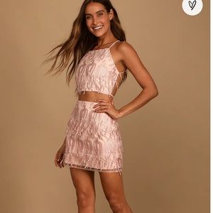 Lulus blush fringe lace-up two piece mini-dress